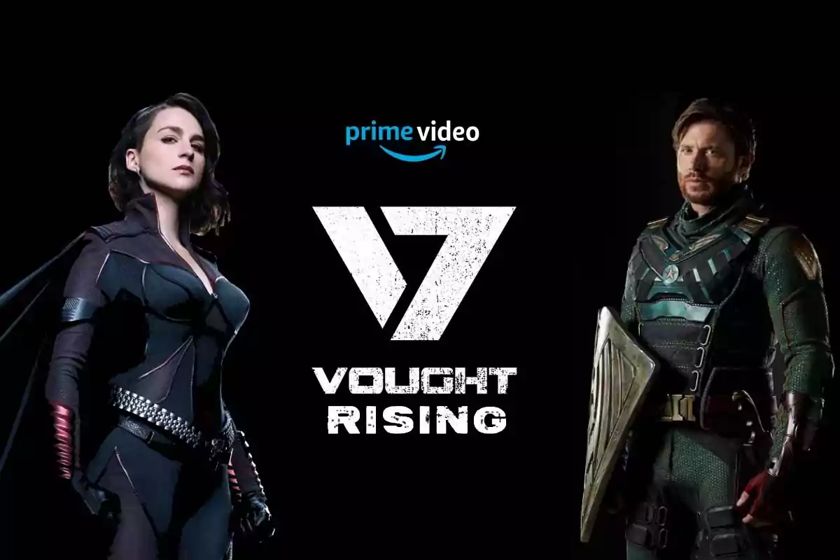 Dos personajes con trajes de superhéroes posan a los lados del logo de Vought Rising y el texto de Prime Video sobre un fondo negro Dos personajes con trajes de superhéroes posan a los lados del logo de Vought Rising y el texto de Prime Video sobre un fondo negro