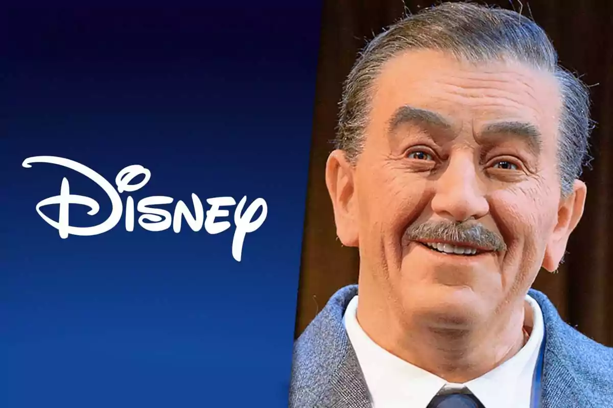 Hombre sonriente de cabello canoso y bigote junto al logotipo de Disney sobre un fondo azul