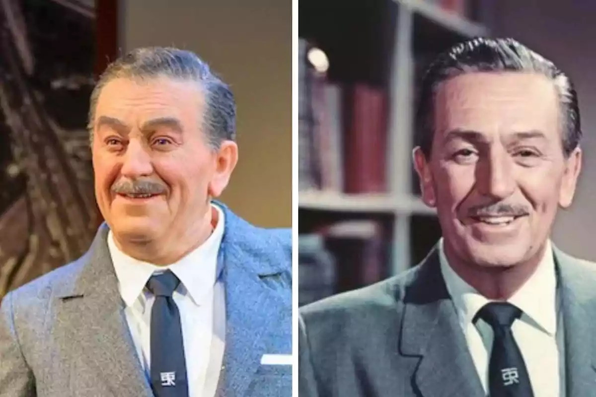 Comparison between a wax figure and a photograph of a middle-aged man with a mustache and a gray suit, both wearing a tie and a smiling expression. Comparison between a wax figure and a photograph of a middle-aged man with a mustache and a gray suit, both wearing a tie and a smiling expression.