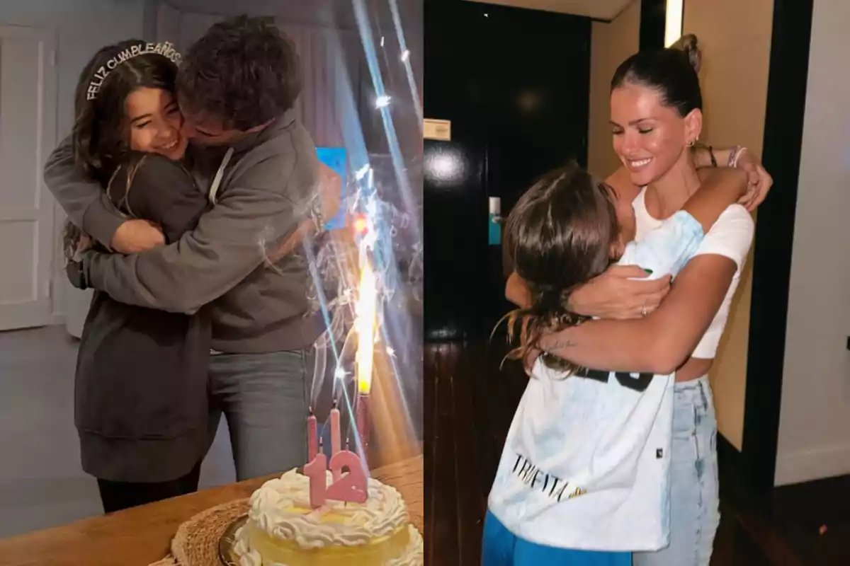 Dos imágenes muestran abrazos familiares, en la primera una niña sonríe mientras es abrazada por un hombre junto a un pastel de cumpleaños con velas de 12 años y en la segunda una mujer sonríe abrazando a una niña en un ambiente interior Dos imágenes muestran abrazos familiares, en la primera una niña sonríe mientras es abrazada por un hombre junto a un pastel de cumpleaños con velas de 12 años y en la segunda una mujer sonríe abrazando a una niña en un ambiente interior
