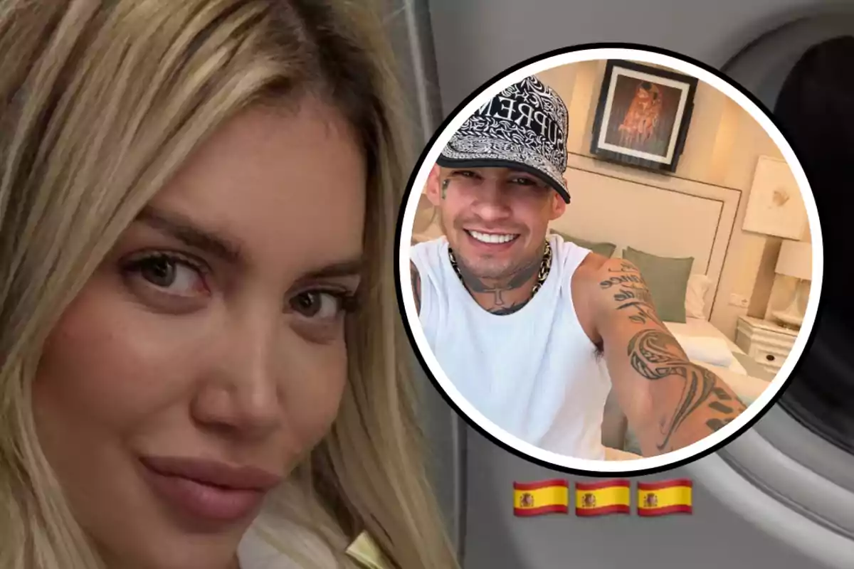 Blonde woman looking at the camera with an airplane window in the background and a circular frame showing a smiling tattooed man, next to three Spanish flags