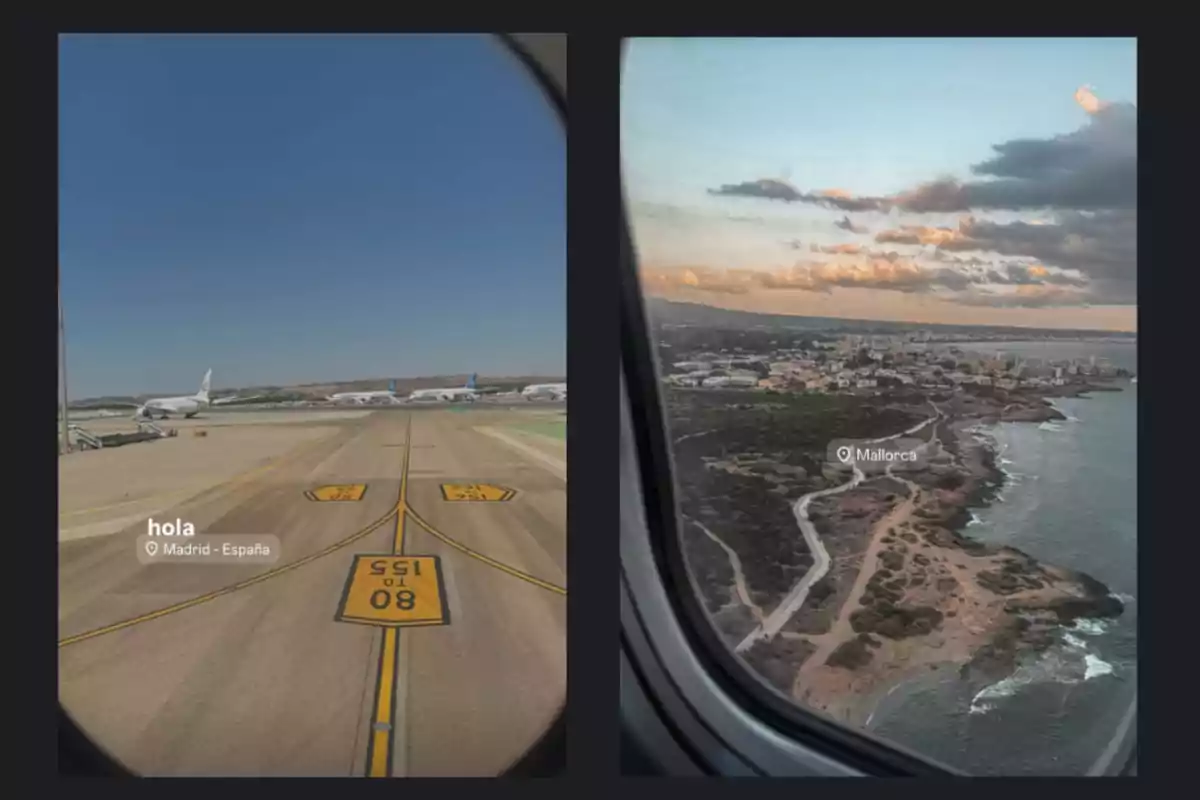 Dos fotos tomadas desde un avión, la primera muestra la pista de aterrizaje en Madrid y la segunda una vista aérea de la costa de Mallorca Dos fotos tomadas desde un avión, la primera muestra la pista de aterrizaje en Madrid y la segunda una vista aérea de la costa de Mallorca