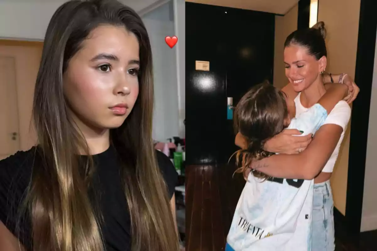 Una niña de cabello largo y lacio mira seria hacia un lado mientras en la otra mitad de la imagen una mujer sonríe abrazando a una niña