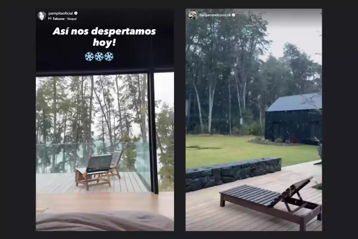 Dos imágenes muestran vistas desde una casa con grandes ventanales hacia un jardín y un bosque, con sillas en una terraza de madera y nieve cayendo suavemente