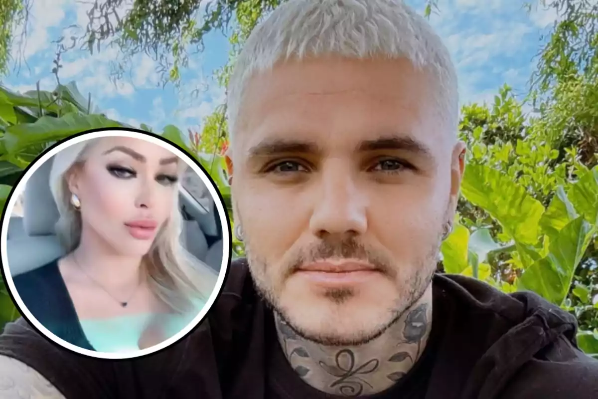 Un hombre de cabello corto y rubio con tatuajes en el cuello posa al aire libre rodeado de plantas mientras en la esquina aparece un recuadro con la imagen de una mujer rubia maquillada