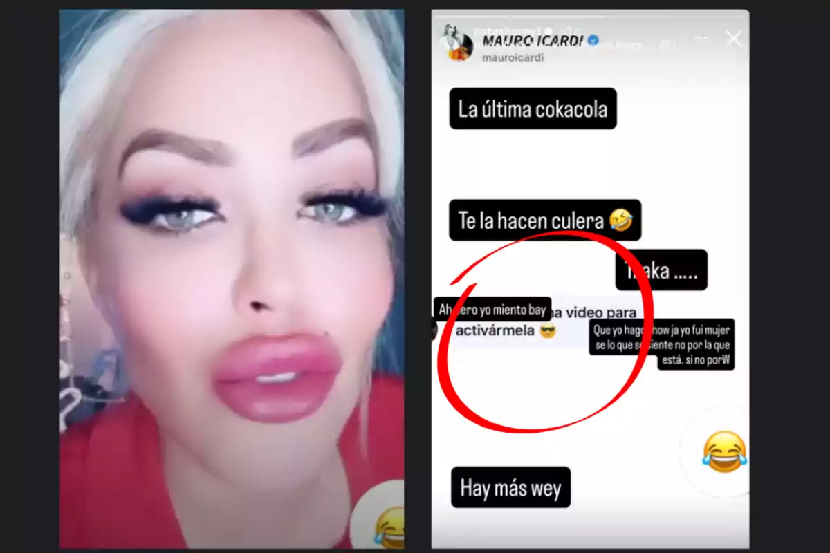 Mujer de labios y ojos maquillados en primer plano junto a una captura de pantalla de mensajes en redes sociales con frases en español y emojis de risa