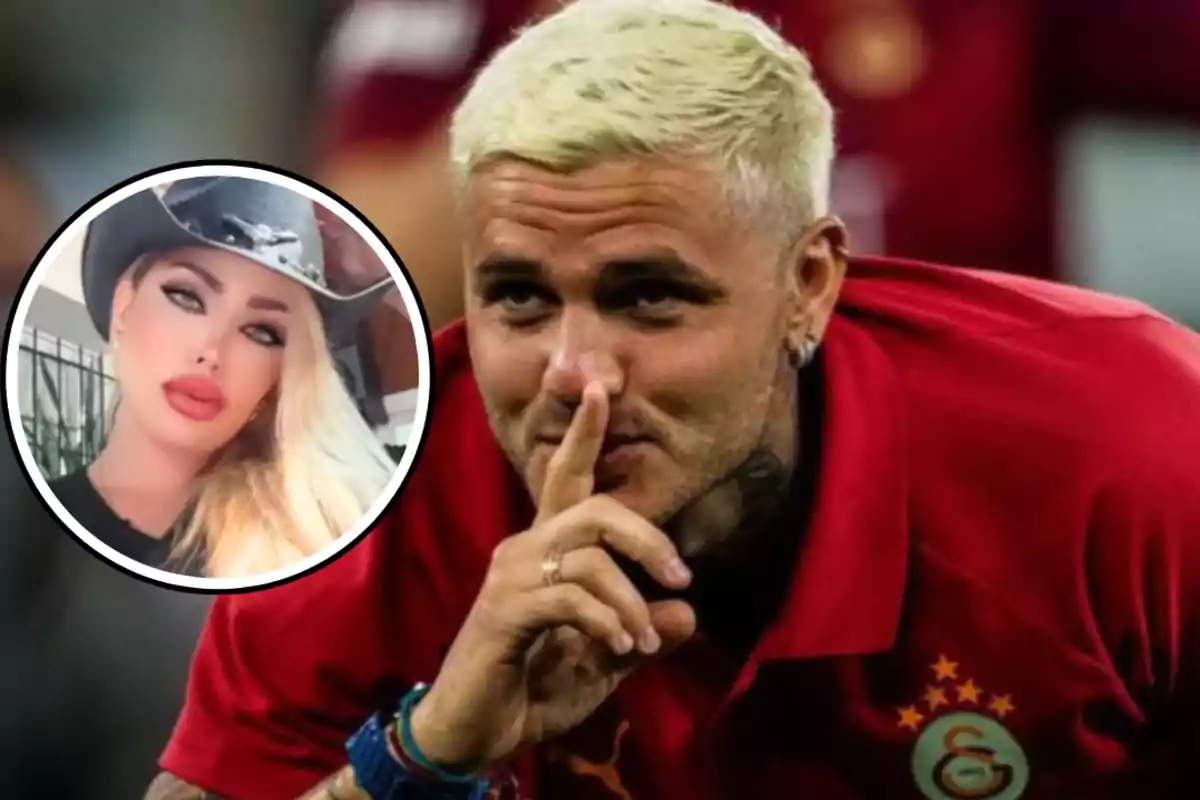 A blond-haired man in a red jersey makes a shushing gesture while in the corner appears the portrait of a blonde woman wearing a black hat.