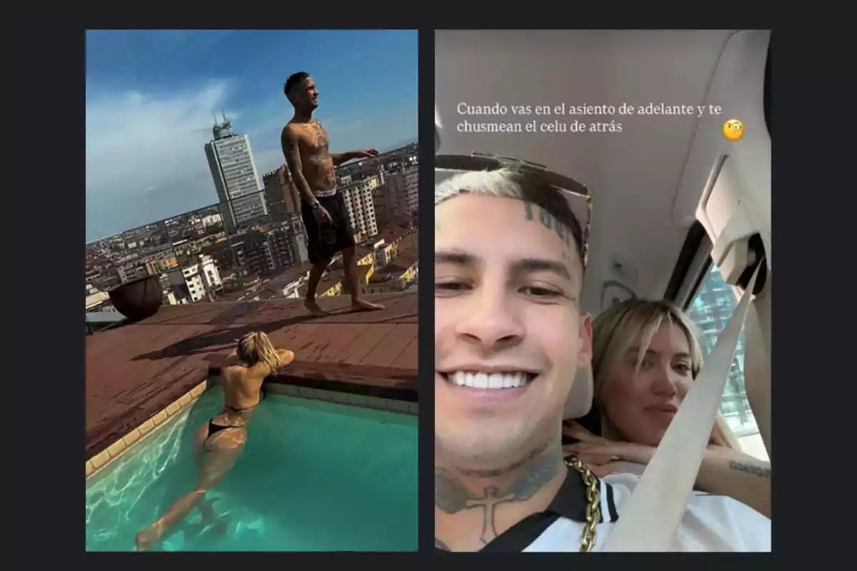 Pareja disfrutando de un día soleado en una piscina con vista a la ciudad y tomándose una selfie sonriente dentro de un auto Pareja disfrutando de un día soleado en una piscina con vista a la ciudad y tomándose una selfie sonriente dentro de un auto