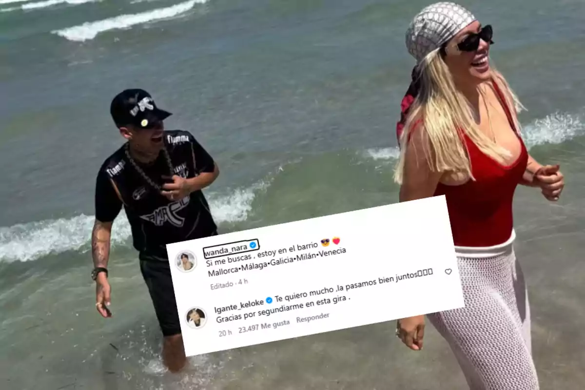 Dos personas sonríen y se divierten en la orilla del mar mientras aparecen superpuestos comentarios de redes sociales sobre su paseo juntos Dos personas sonríen y se divierten en la orilla del mar mientras aparecen superpuestos comentarios de redes sociales sobre su paseo juntos