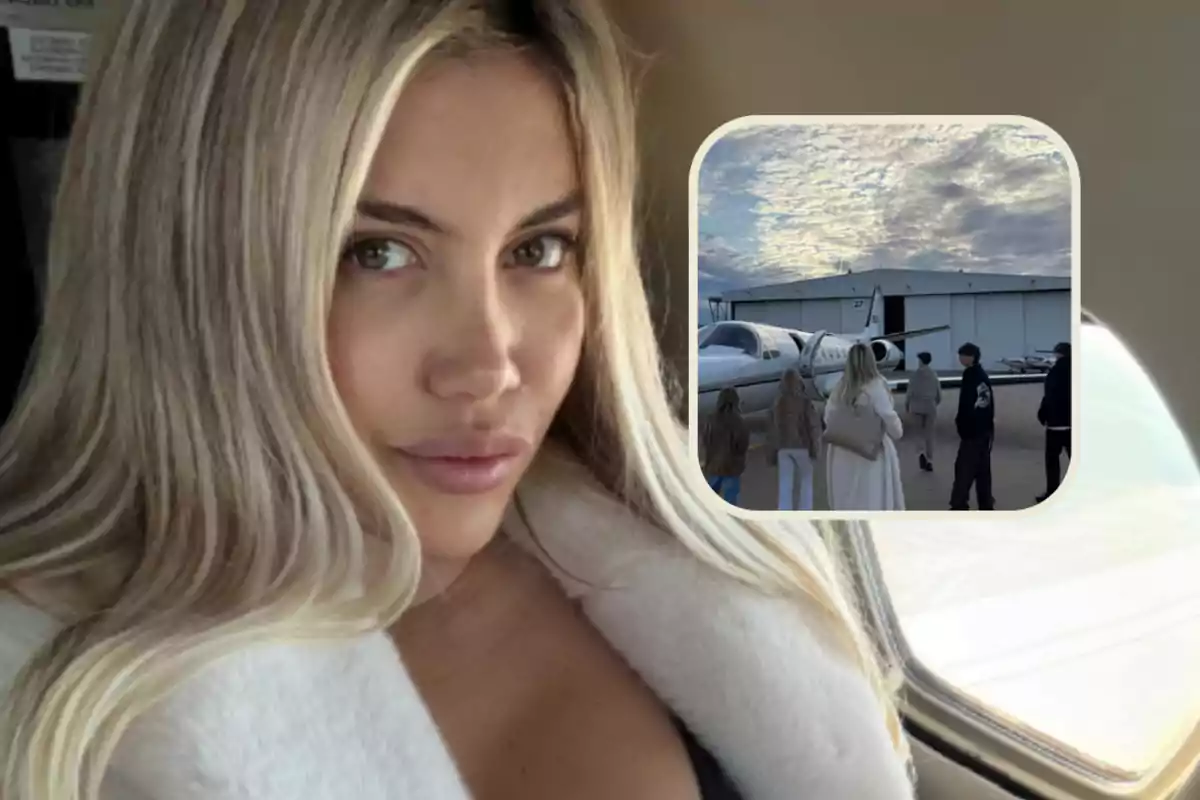 Mujer rubia con abrigo claro sentada en un avión privado con una imagen insertada de varias personas caminando hacia un jet en un hangar.