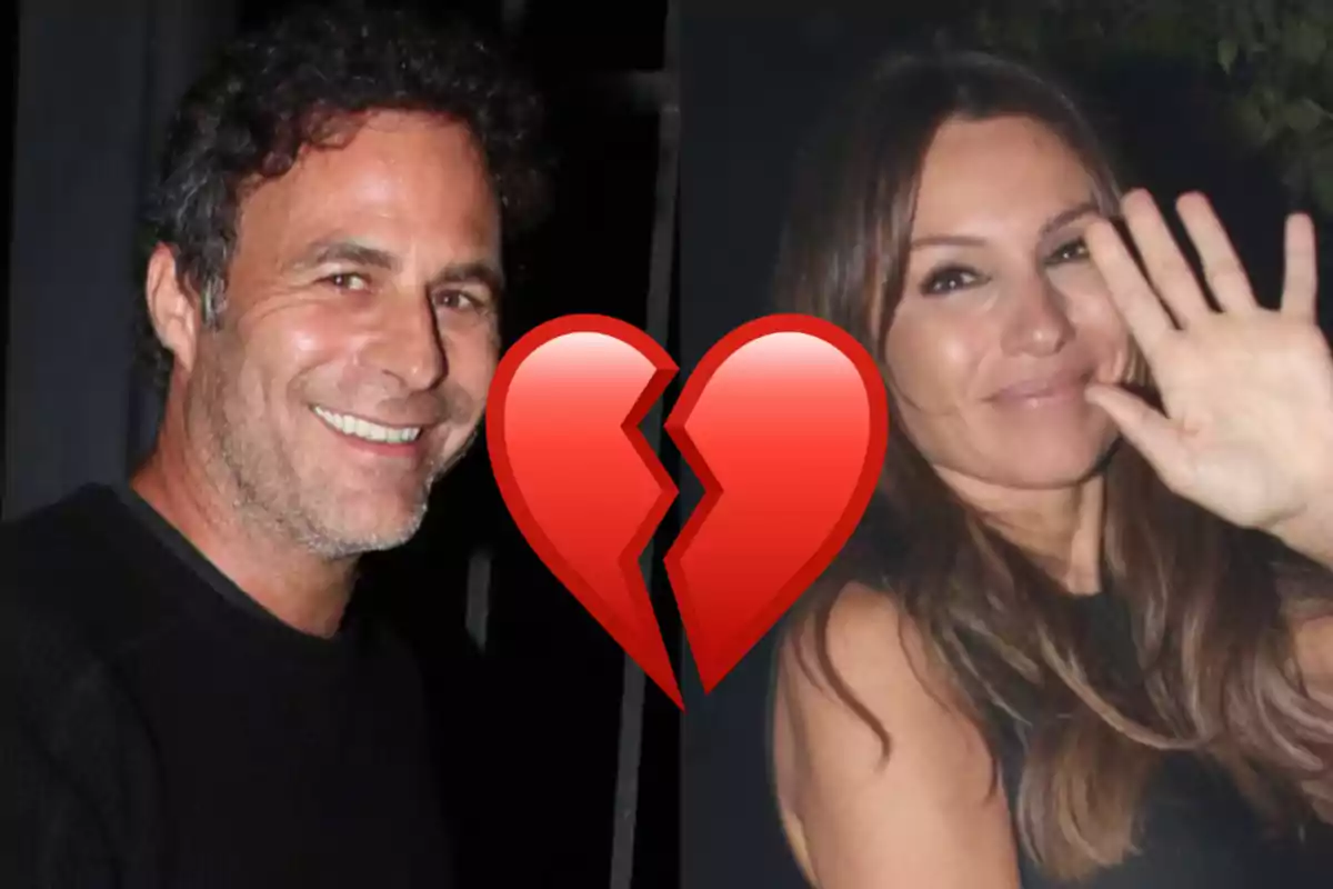 A man and a woman smile while a large broken heart appears between them.