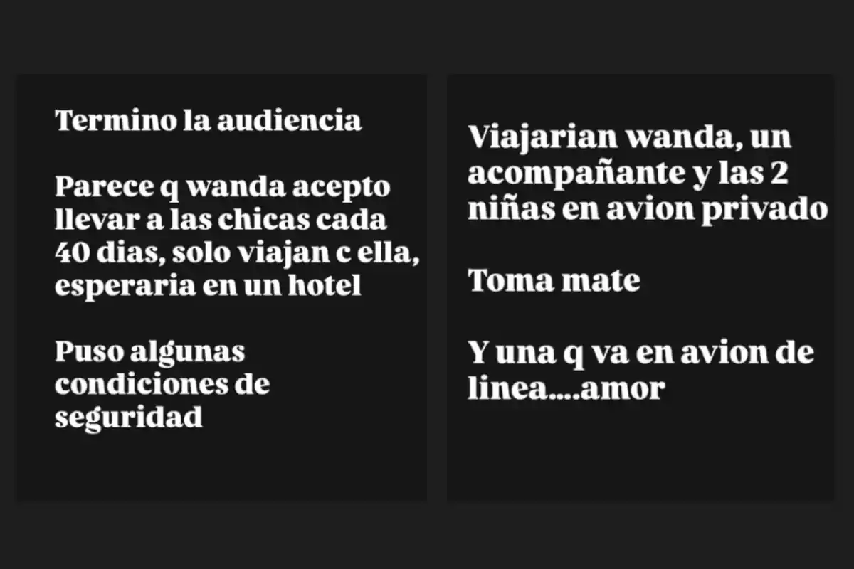 Text on a black background informing about the agreement of a hearing where a person named Wanda agreed to take two girls every 40 days, traveling only with them and a companion on a private plane, with security conditions and details about waiting in a hotel. Text on a black background informing about the agreement of a hearing where a person named Wanda agreed to take two girls every 40 days, traveling only with them and a companion on a private plane, with security conditions and details about waiting in a hotel.