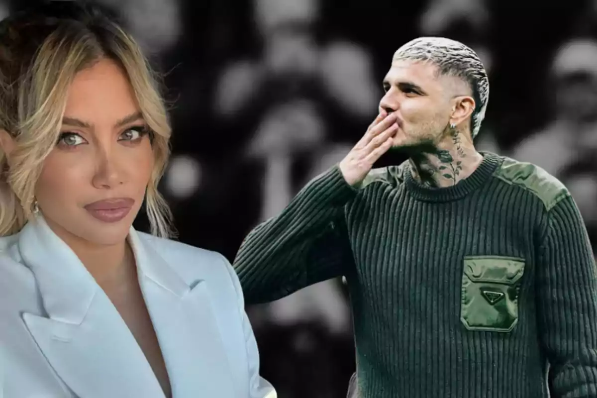 A blonde woman in a white jacket looks at the camera while a man in a green sweater with neck tattoos blows a kiss.