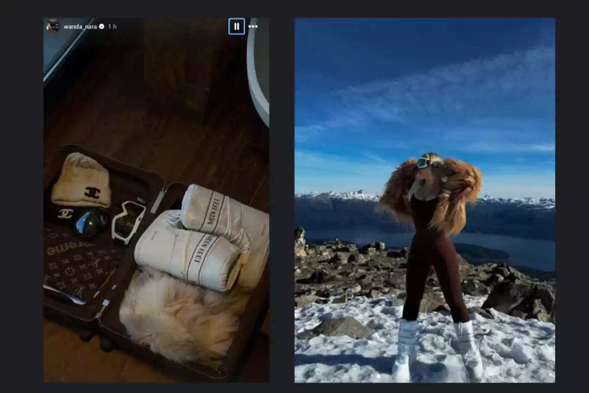 Maleta abierta con ropa y accesorios de invierno de marcas de lujo junto a una mujer posando en la nieve con botas blancas, mono oscuro, chaqueta de peluche y gafas de esquí en un paisaje montañoso nevado Maleta abierta con ropa y accesorios de invierno de marcas de lujo junto a una mujer posando en la nieve con botas blancas, mono oscuro, chaqueta de peluche y gafas de esquí en un paisaje montañoso nevado