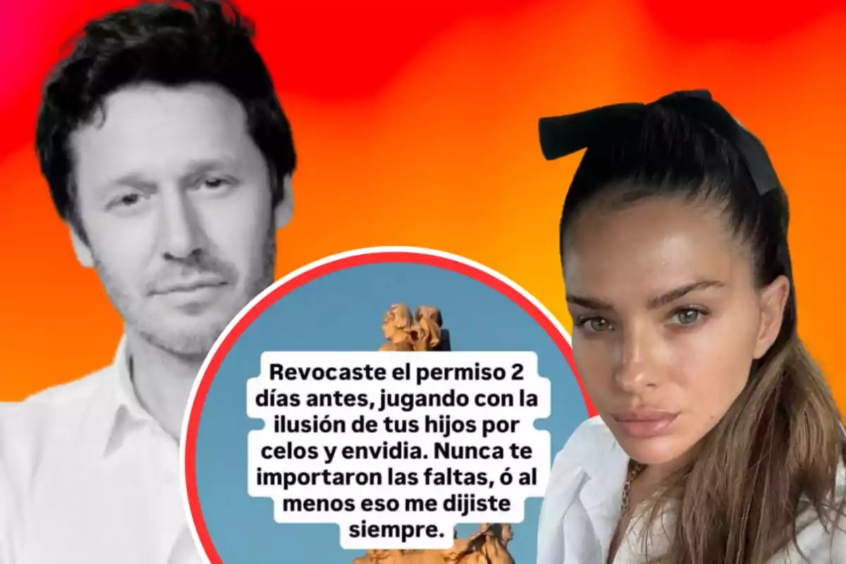 A black-and-white man on the left and a woman in color on the right with an orange and red gradient background; in the center, there is a blue circle with text about revoking a permit that mentions jealousy, envy, and offenses.
