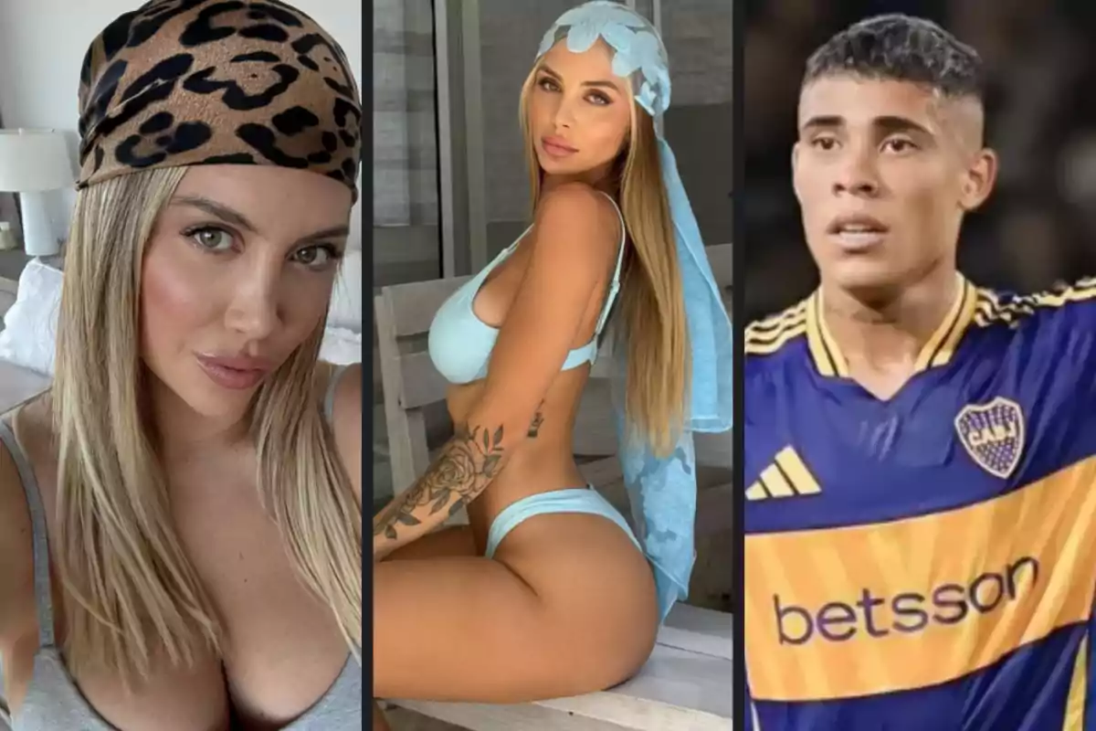 Three collage-style images show a woman with an animal print scarf, another woman in a light blue bikini with a matching scarf, and a man wearing a blue and yellow soccer jersey.