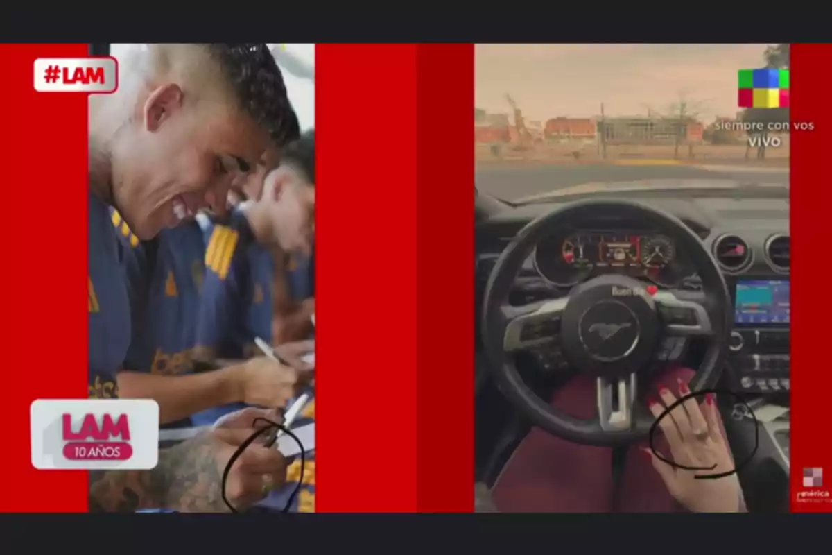 Comparison of two images framed in red: on the left, a smiling man signing autographs; on the right, a woman's hand with red nails and a ring on the steering wheel of a Mustang car. Comparison of two images framed in red: on the left, a smiling man signing autographs; on the right, a woman's hand with red nails and a ring on the steering wheel of a Mustang car.