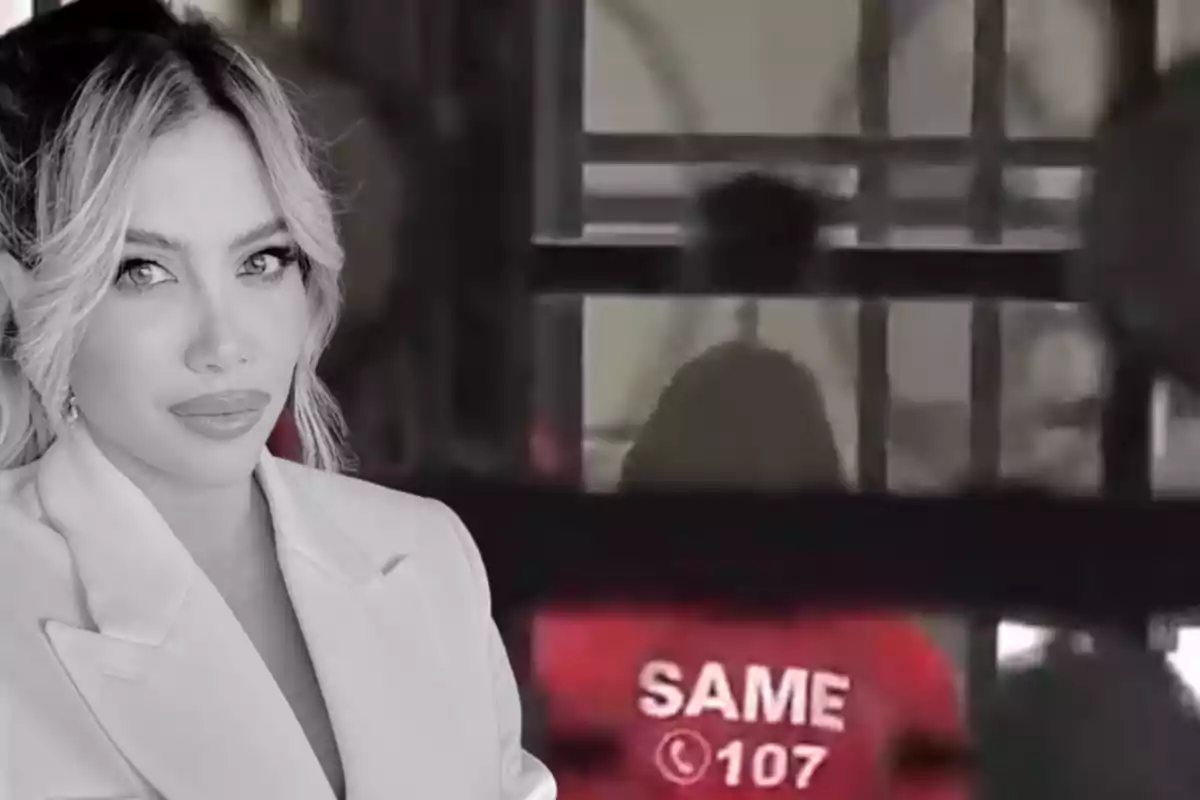 Mujer rubia con saco claro en primer plano y al fondo una persona con uniforme rojo de emergencias médicas