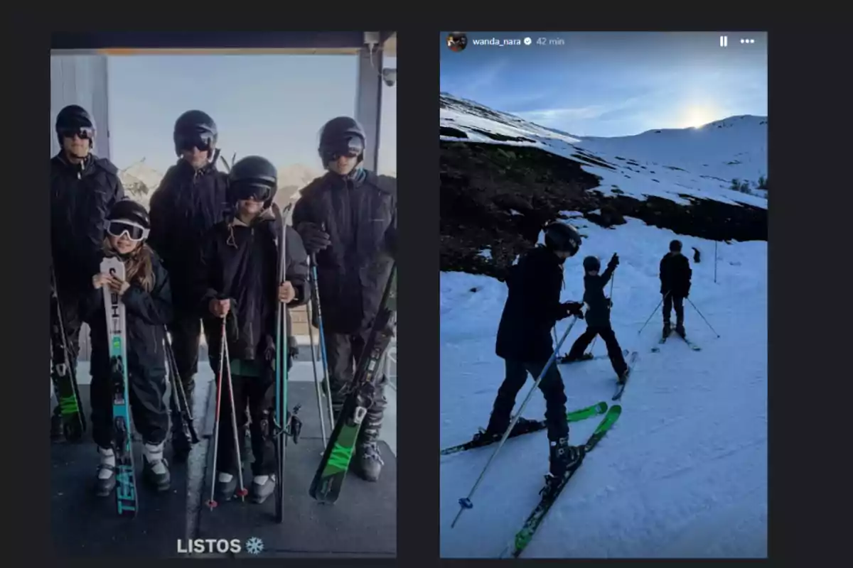 Cinco personas con equipo de esquí posan juntas en una foto y en la otra están esquiando en una pista nevada al atardecer Cinco personas con equipo de esquí posan juntas en una foto y en la otra están esquiando en una pista nevada al atardecer