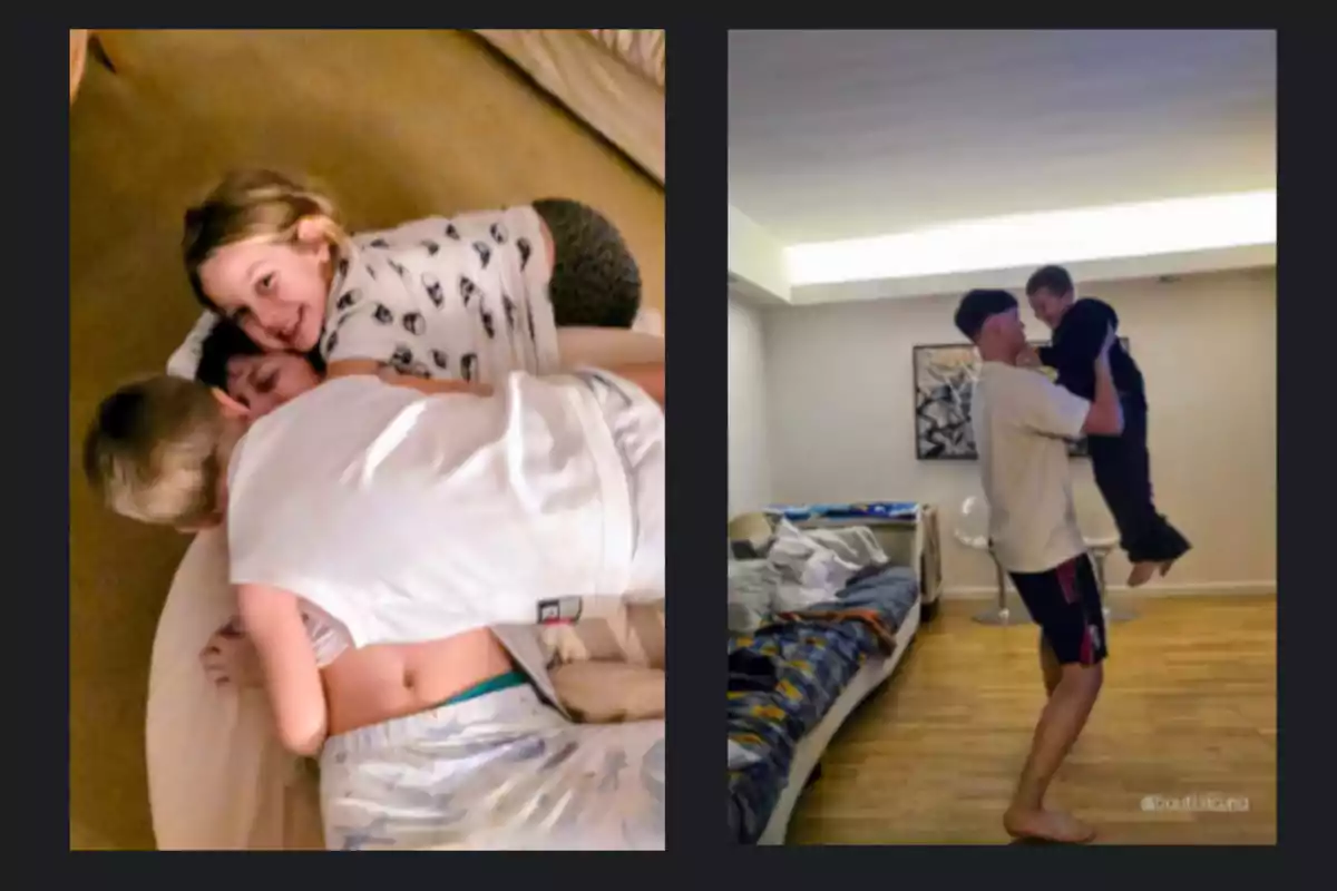 Children playing and hugging on a bed to the left, and to the right a young man lifting a child in a room Children playing and hugging on a bed to the left, and to the right a young man lifting a child in a room