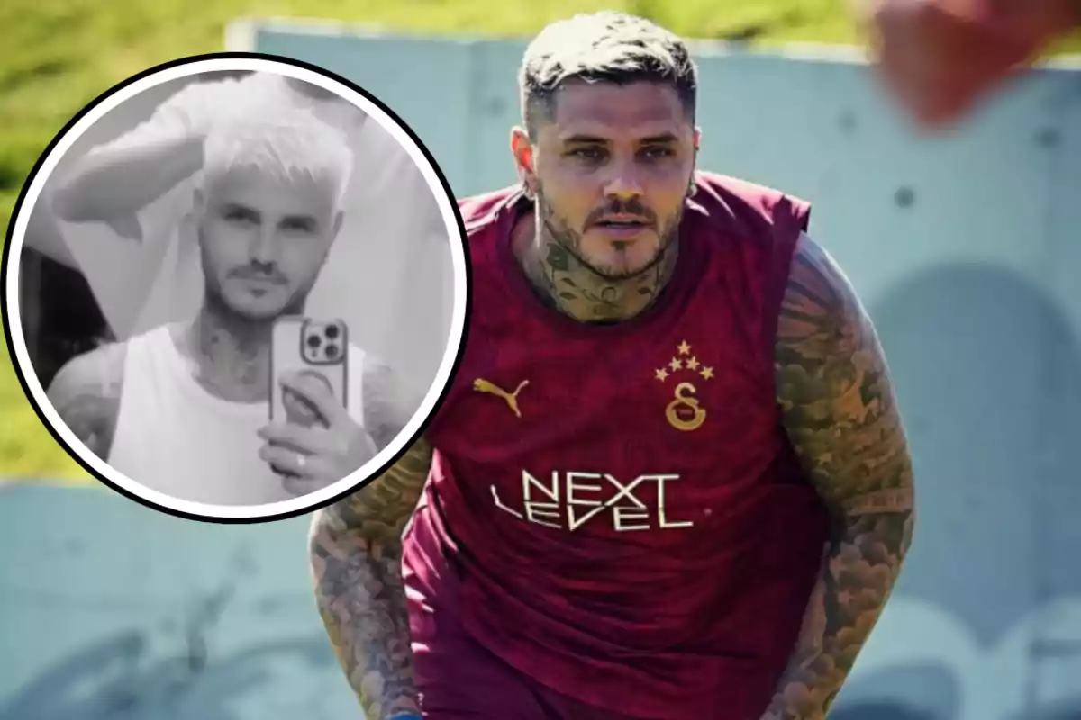Futbolista con camiseta de entrenamiento color vino y tatuajes visibles en los brazos, acompañado de un recuadro con una foto en blanco y negro de un hombre tomándose una selfie frente al espejo