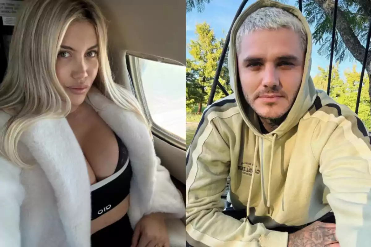 A blonde woman in a white coat poses inside a vehicle while a man in a beige hoodie stands outdoors with trees in the background.
