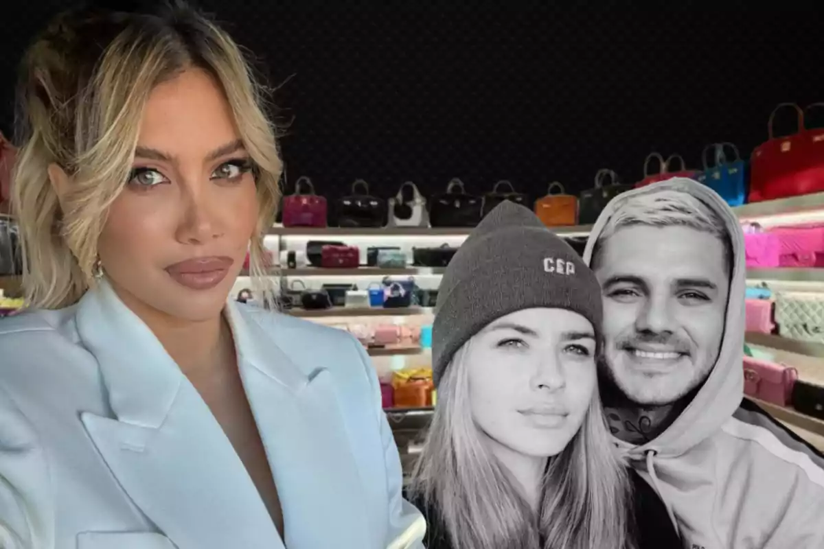 Una mujer rubia con saco blanco posa frente a una pared llena de bolsos de lujo, mientras a su lado aparece una pareja en blanco y negro, ambos con ropa casual y gorro, sonriendo