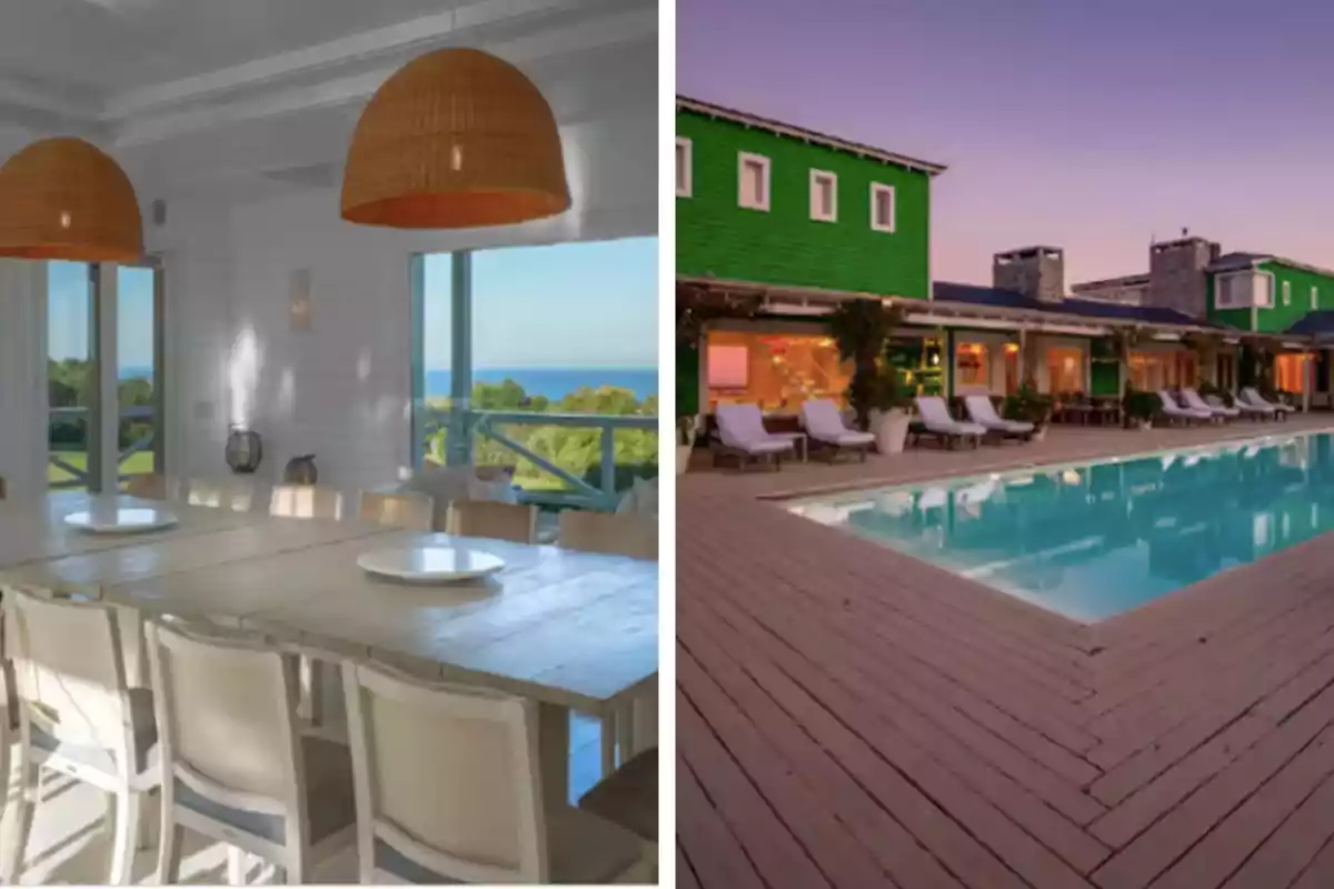 Bright dining room with sea view and wicker lamps next to a pool surrounded by lounge chairs and a green building at sunset Bright dining room with sea view and wicker lamps next to a pool surrounded by lounge chairs and a green building at sunset