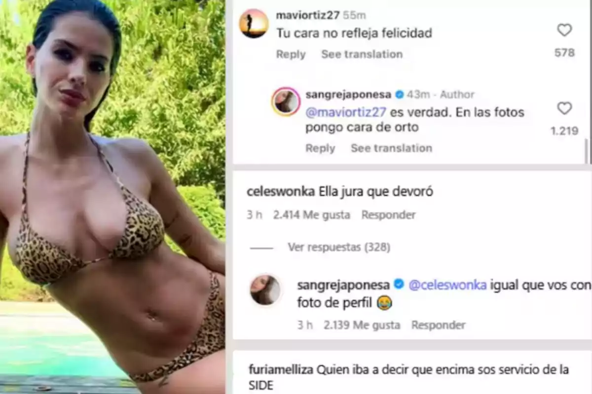 Mujer en bikini de estampado animal posando al aire libre junto a una piscina con comentarios de redes sociales superpuestos a la derecha Mujer en bikini de estampado animal posando al aire libre junto a una piscina con comentarios de redes sociales superpuestos a la derecha