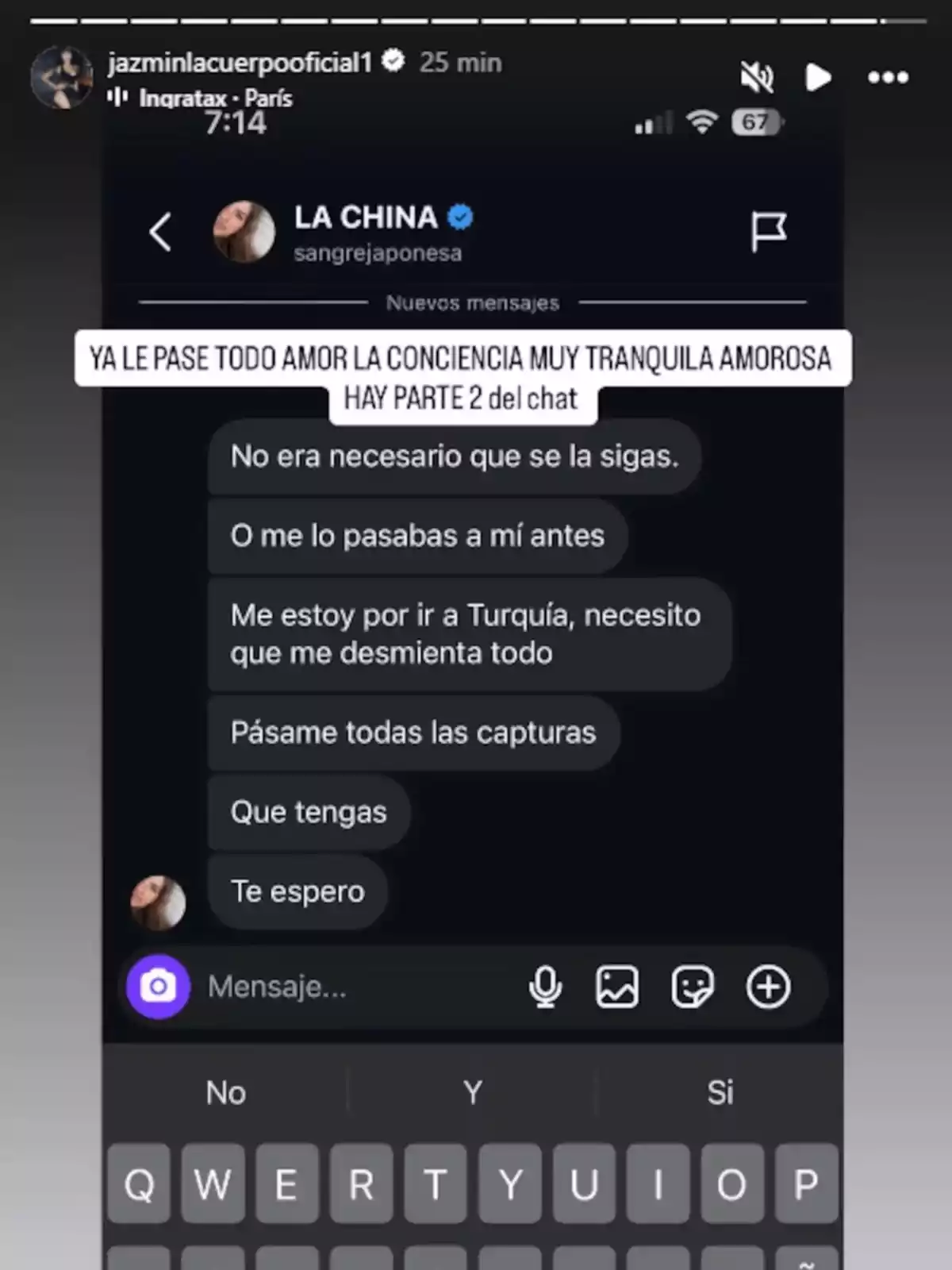 Captura de pantalla de una conversación de mensajes directos en Instagram entre dos personas, donde una de ellas pide que le envíen todas las capturas y menciona que va a Turquía, con un texto superpuesto que dice que la conciencia está tranquila y que hay una segunda parte del chat Captura de pantalla de una conversación de mensajes directos en Instagram entre dos personas, donde una de ellas pide que le envíen todas las capturas y menciona que va a Turquía, con un texto superpuesto que dice que la conciencia está tranquila y que hay una segunda parte del chat