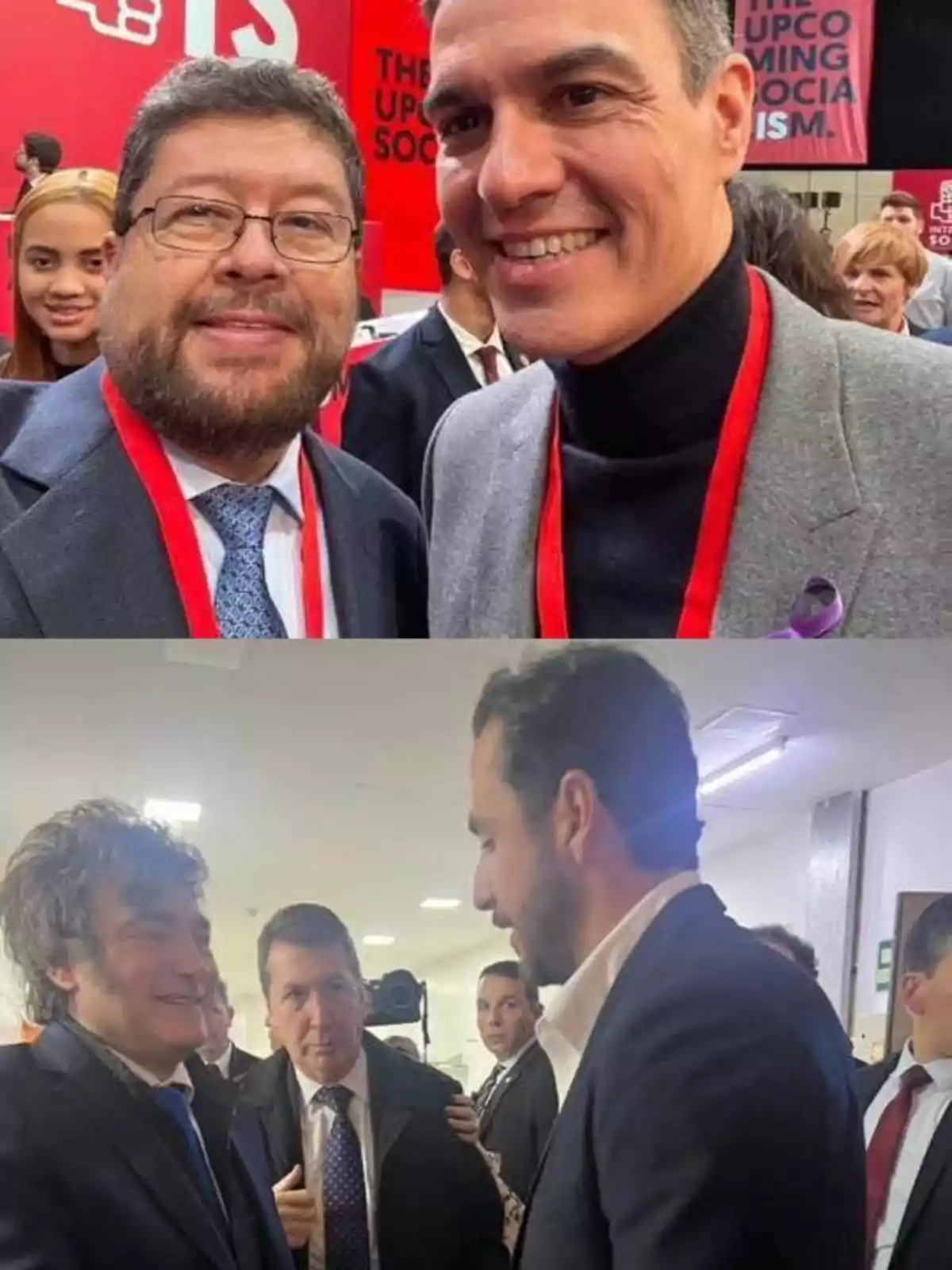 Dos fotografías muestran a diferentes grupos de hombres vestidos de traje en eventos formales, algunos de ellos sonriendo y conversando entre sí, con fondos que indican ambientes de conferencias o reuniones importantes. Dos fotografías muestran a diferentes grupos de hombres vestidos de traje en eventos formales, algunos de ellos sonriendo y conversando entre sí, con fondos que indican ambientes de conferencias o reuniones importantes.