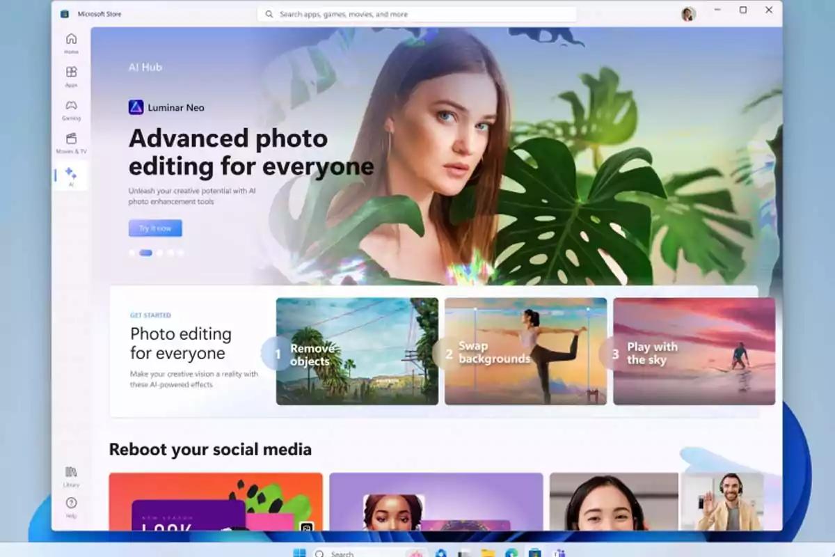 Microsoft Store window displaying an advanced photo editing section with artificial intelligence and various options to enhance images Microsoft Store window displaying an advanced photo editing section with artificial intelligence and various options to enhance images