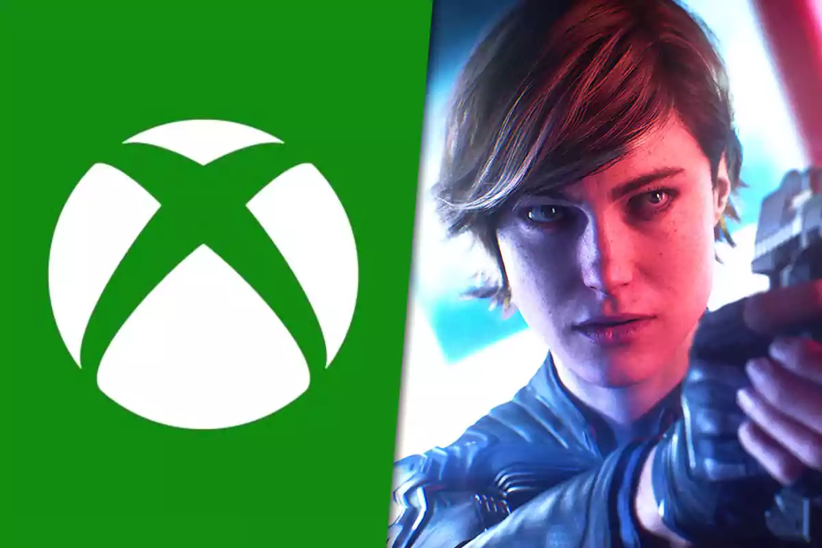 Xbox logo on the left and a female video game character with a serious expression and a weapon in her hand on the right