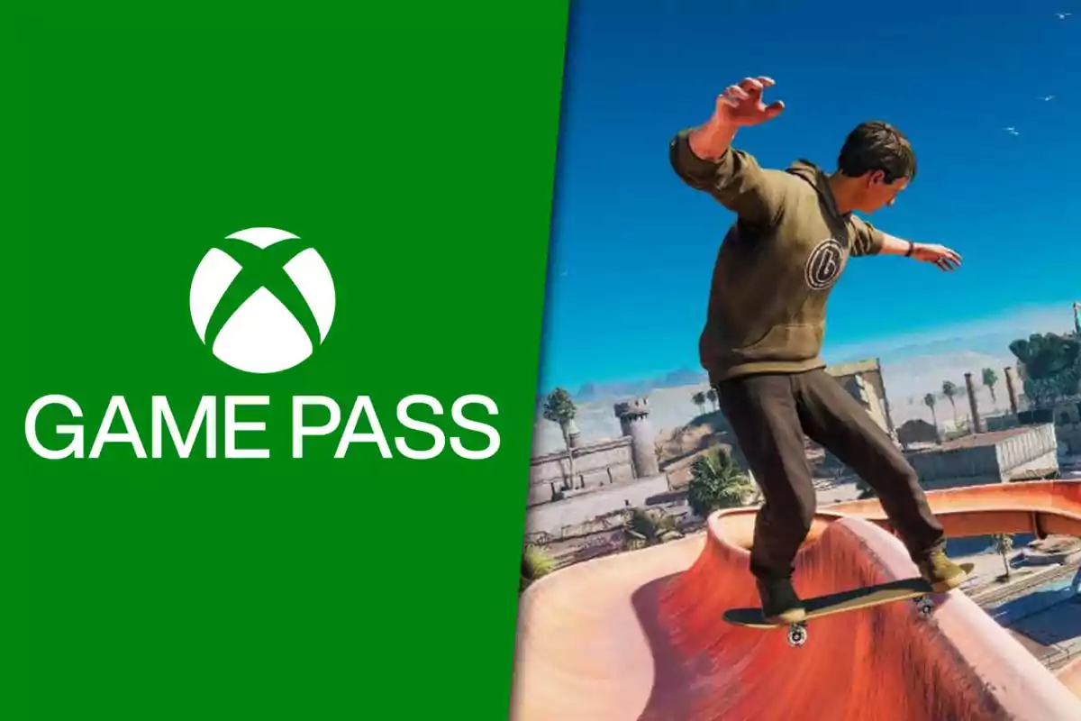Logo de Game Pass a la izquierda y un joven haciendo skate en una rampa al aire libre a la derecha