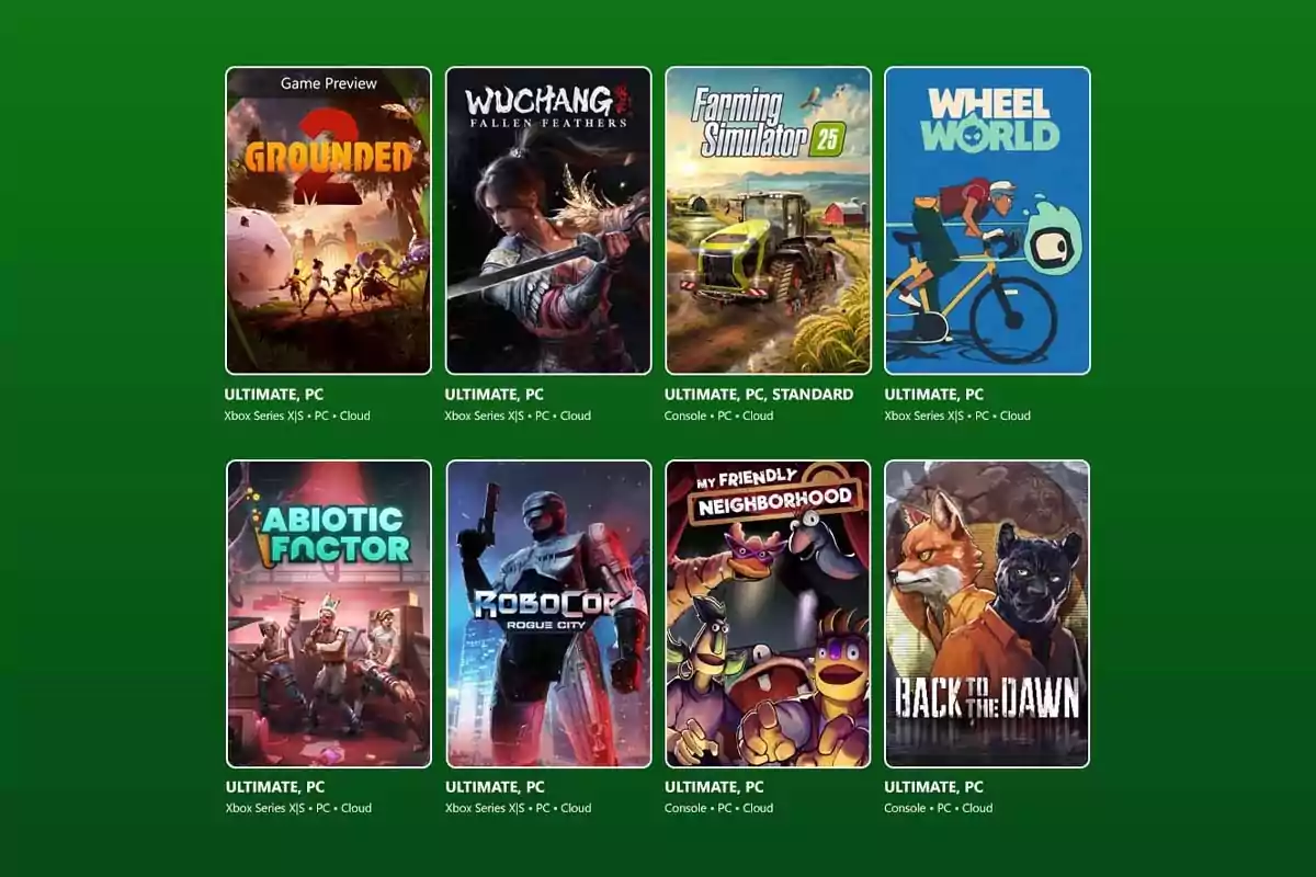 Eight different video game covers on a green background, including titles like Grounded 2, Wuchang Fallen Feathers, Farming Simulator 25, Wheel World, Abiotic Factor, Robocop Rogue City, My Friendly Neighborhood, and Back to the Dawn, all available on Xbox Game Pass. Eight different video game covers on a green background, including titles like Grounded 2, Wuchang Fallen Feathers, Farming Simulator 25, Wheel World, Abiotic Factor, Robocop Rogue City, My Friendly Neighborhood, and Back to the Dawn, all available on Xbox Game Pass.