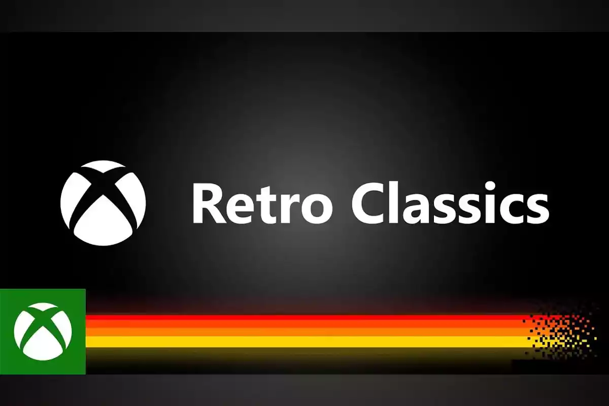 Logo de Xbox junto al texto Retro Classics sobre un fondo negro con líneas de colores rojo, naranja y amarillo en la parte inferior Logo de Xbox junto al texto Retro Classics sobre un fondo negro con líneas de colores rojo, naranja y amarillo en la parte inferior