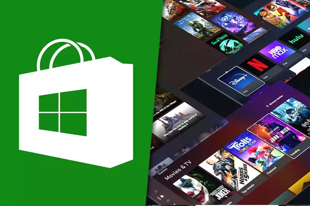 Logo de la tienda de Microsoft a la izquierda y una interfaz de selección de películas y series a la derecha
