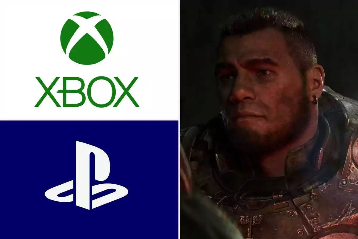 Logos de Xbox y PlayStation junto a un personaje de videojuego con armadura