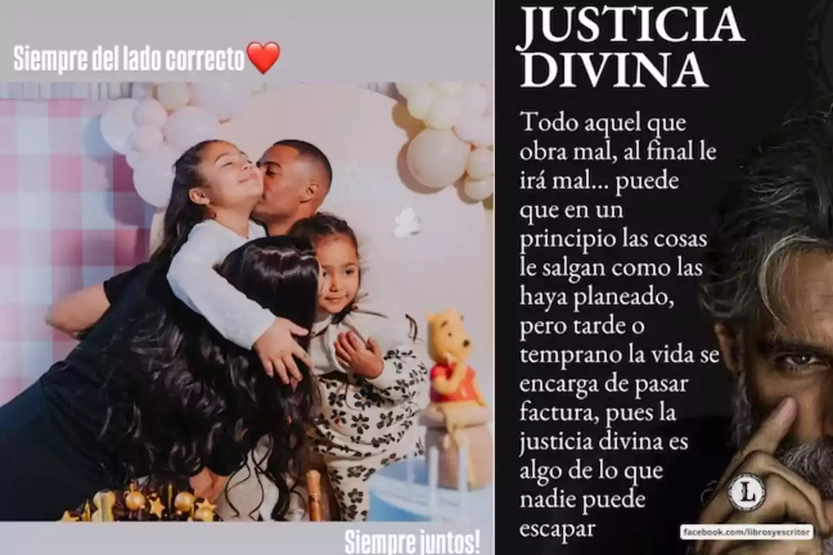 Una familia abrazándose con globos y decoración de fondo, junto a un mensaje sobre justicia divina y una persona mayor pensativa Una familia abrazándose con globos y decoración de fondo, junto a un mensaje sobre justicia divina y una persona mayor pensativa