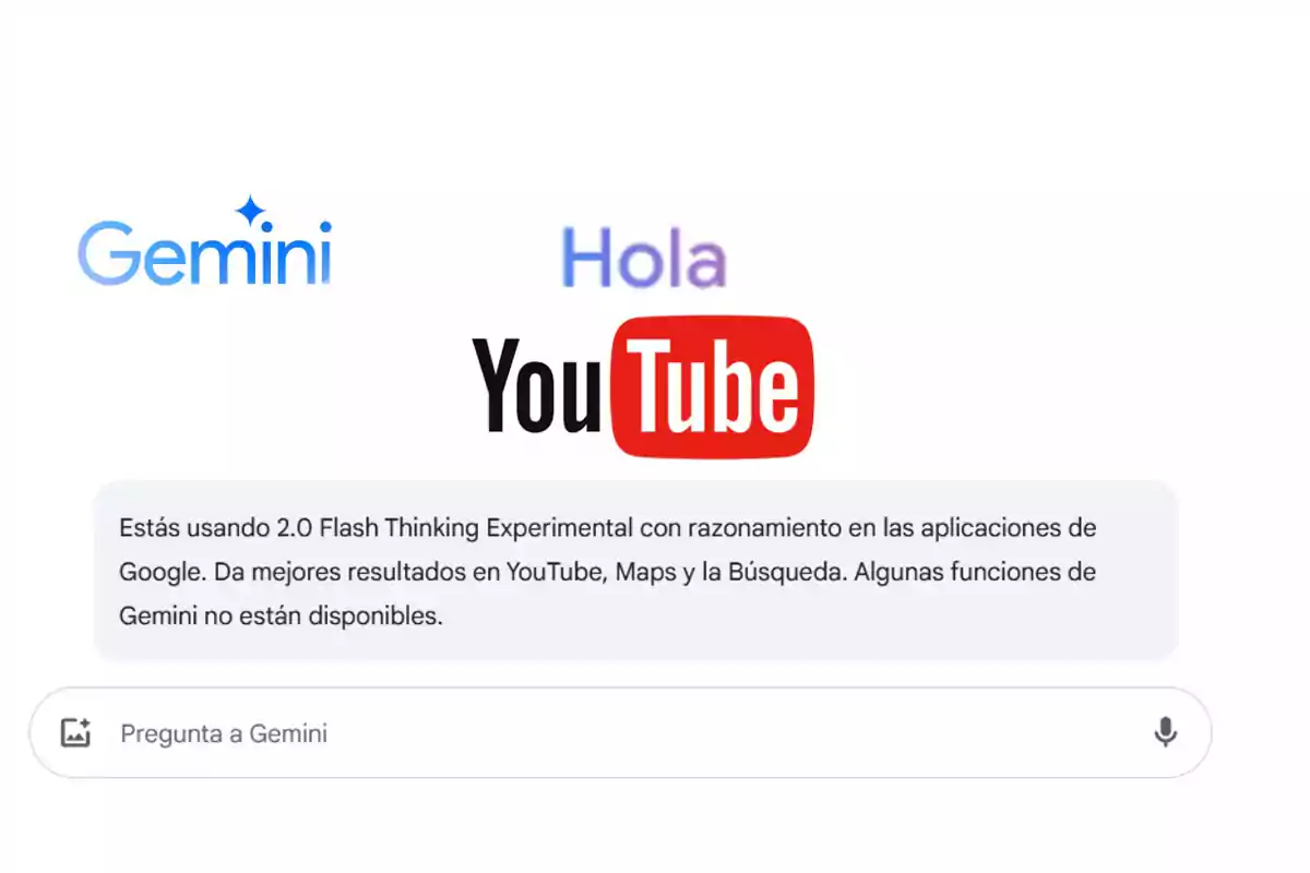 Gemini home screen with the Gemini and YouTube logos, the word Hello, and an informational message about the experimental use of the tool in Google applications Gemini home screen with the Gemini and YouTube logos, the word Hello, and an informational message about the experimental use of the tool in Google applications