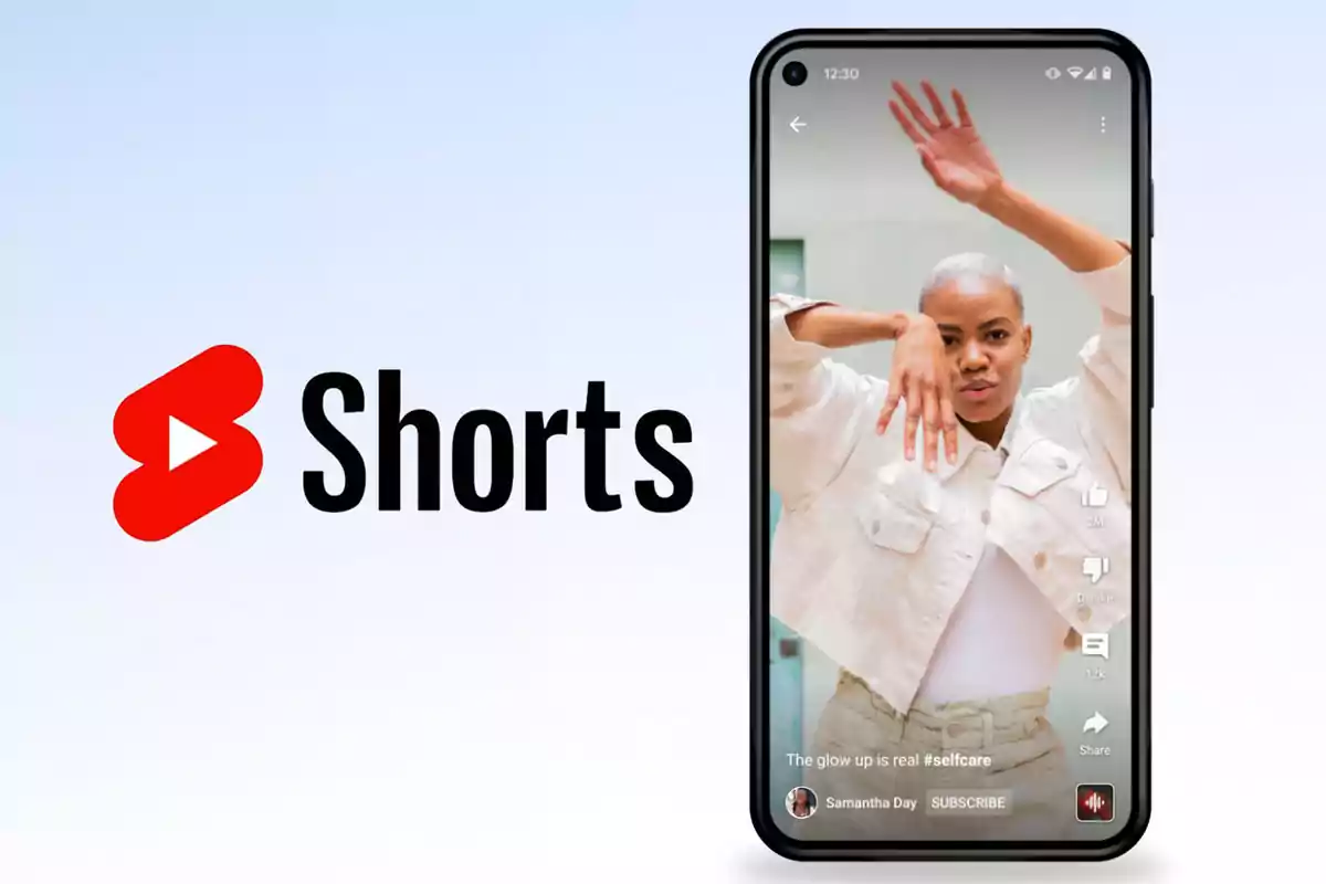 Logo de YouTube Shorts junto a un teléfono móvil que muestra un video corto de una persona bailando. Logo de YouTube Shorts junto a un teléfono móvil que muestra un video corto de una persona bailando.