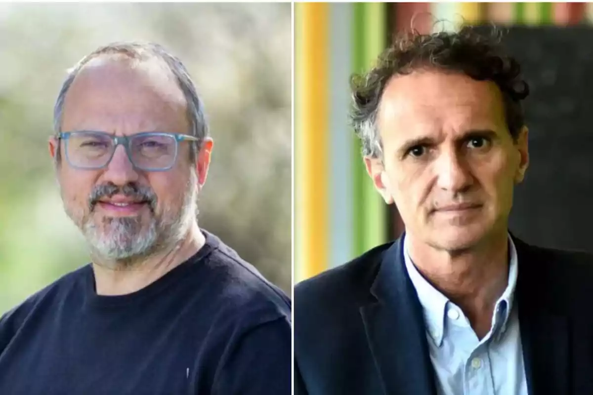 Dos hombres posan para retratos uno con gafas y barba y el otro con cabello rizado y chaqueta