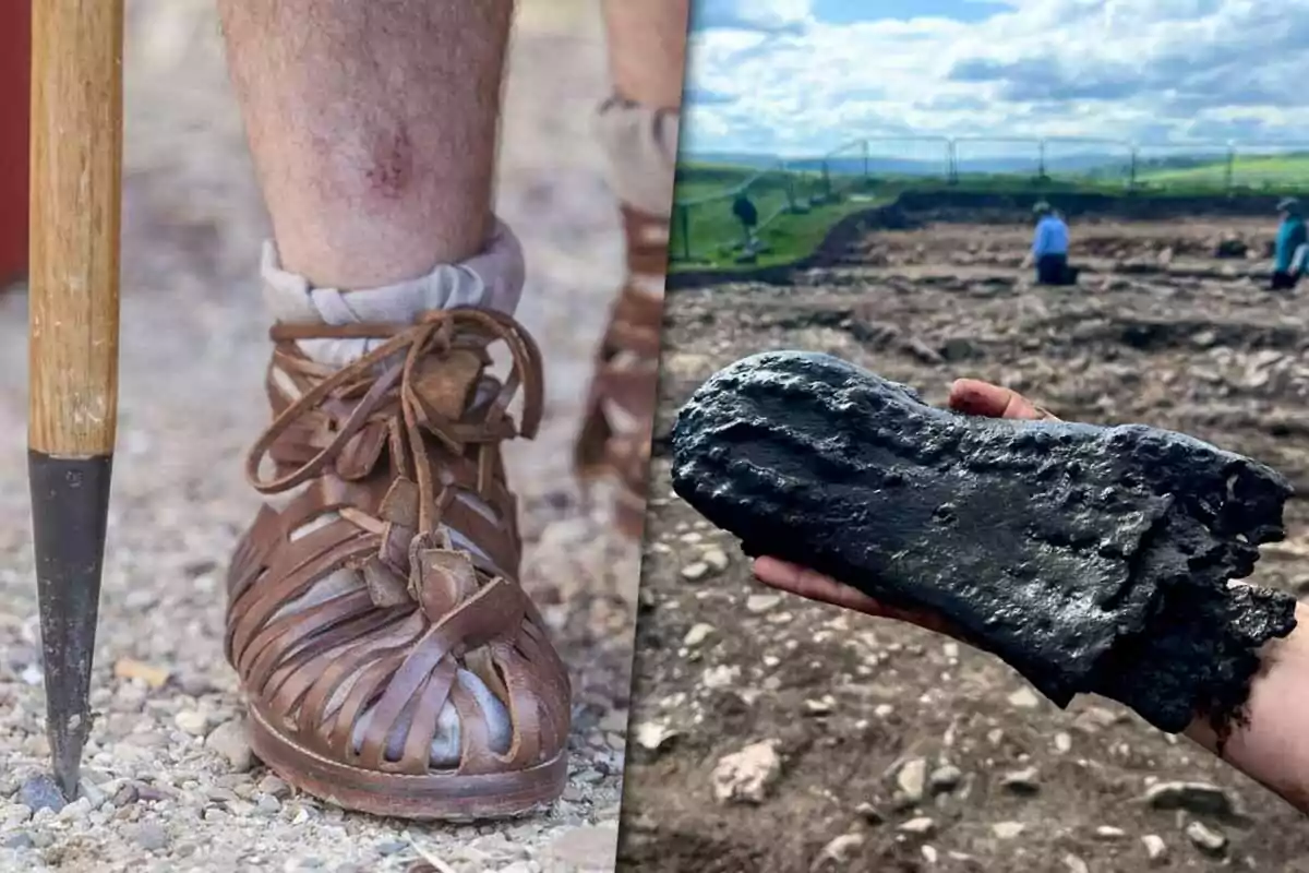 Un pie con sandalia de cuero junto a un bastón y una mano sosteniendo una sandalia antigua cubierta de tierra en un sitio arqueológico