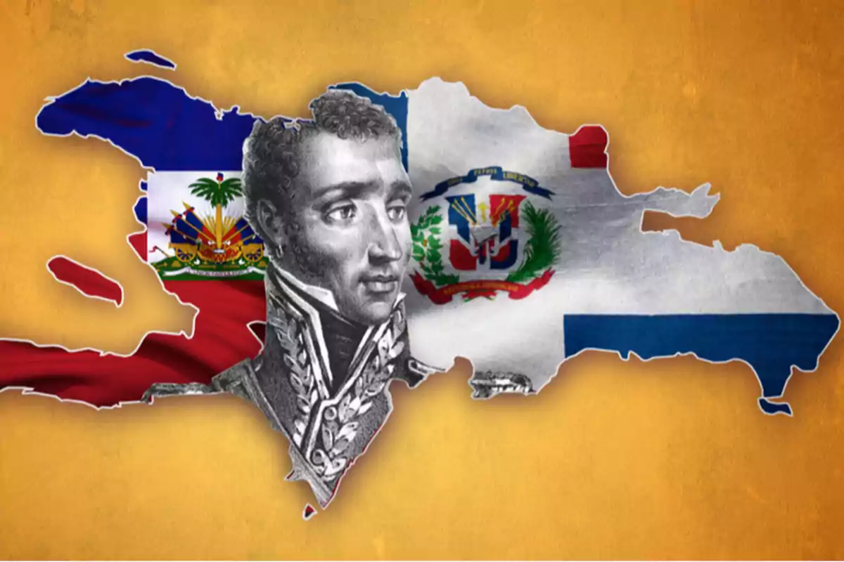 Mapa de la isla La Española con las banderas de Haití y República Dominicana y el retrato de un personaje histórico en el centro Mapa de la isla La Española con las banderas de Haití y República Dominicana y el retrato de un personaje histórico en el centro