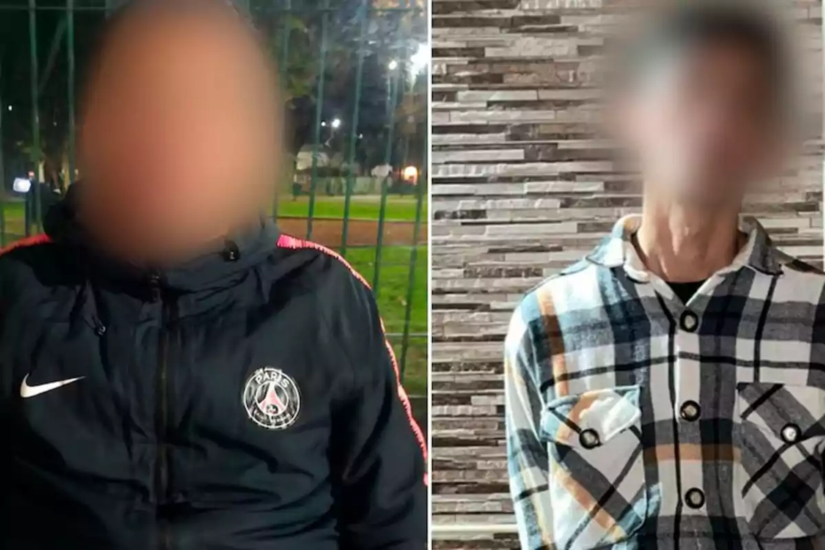 Two people with blurred faces, one wearing a black sports jacket and the other a plaid jersey, posing in different settings.