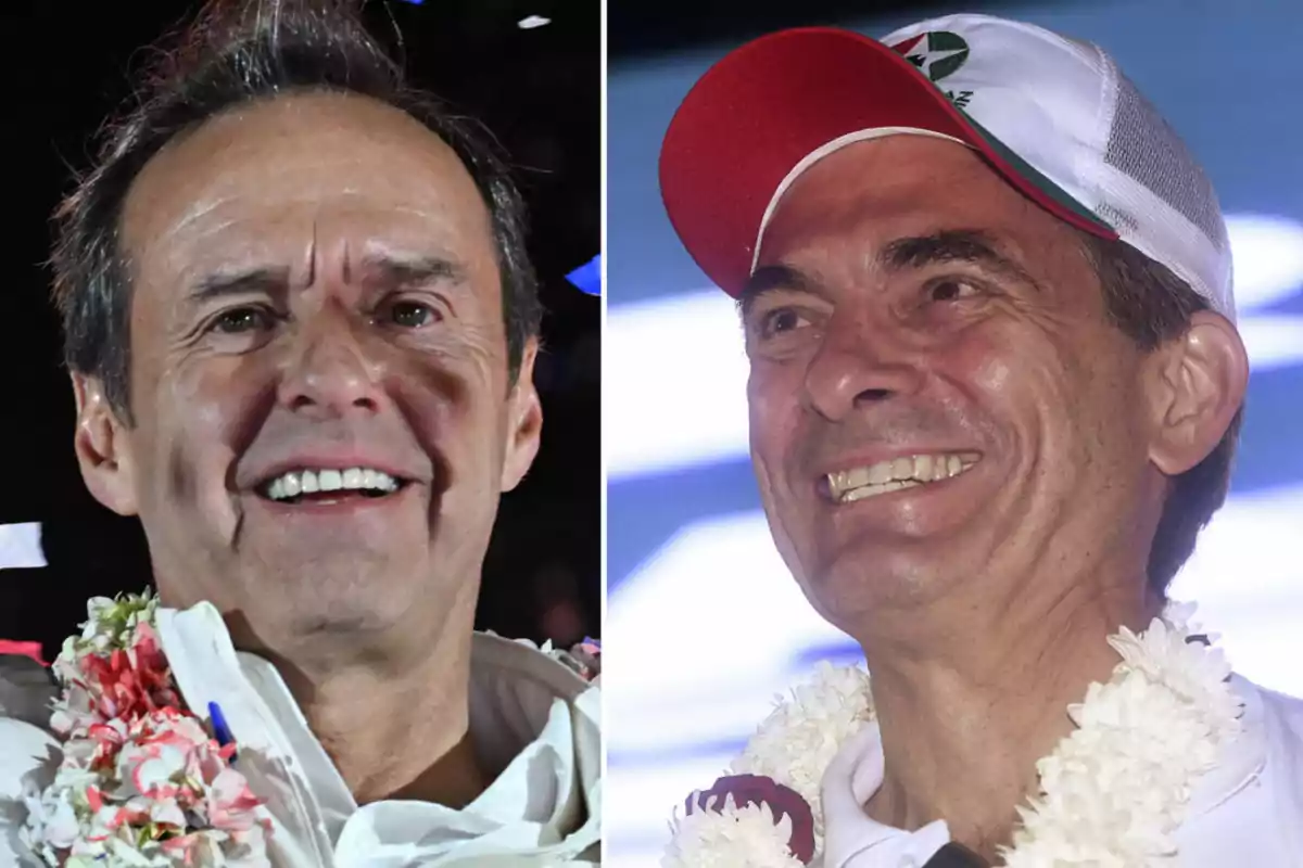 Dos hombres sonrientes con guirnaldas de flores en el cuello uno de ellos lleva una gorra blanca y roja
