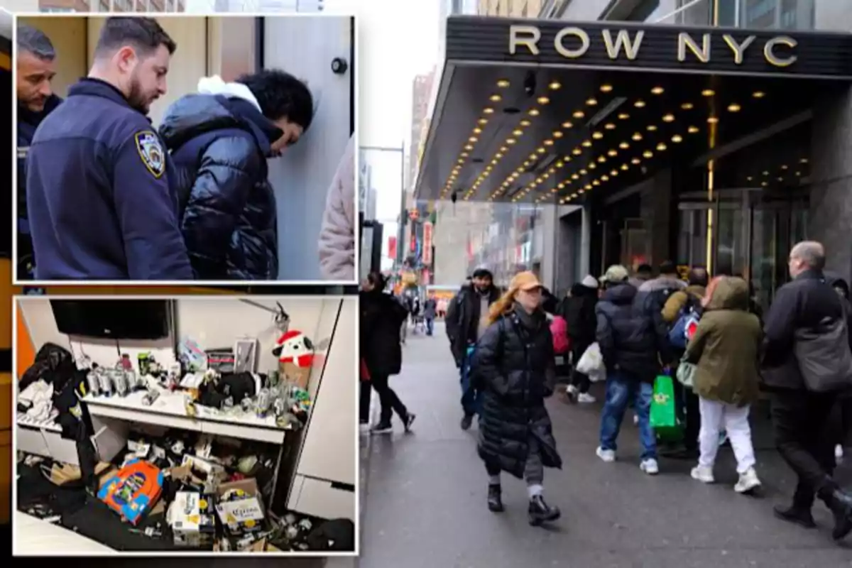 People line up at the entrance of a hotel in New York, while in insets a man is seen being escorted by police officers and a messy room with trash and objects scattered around.