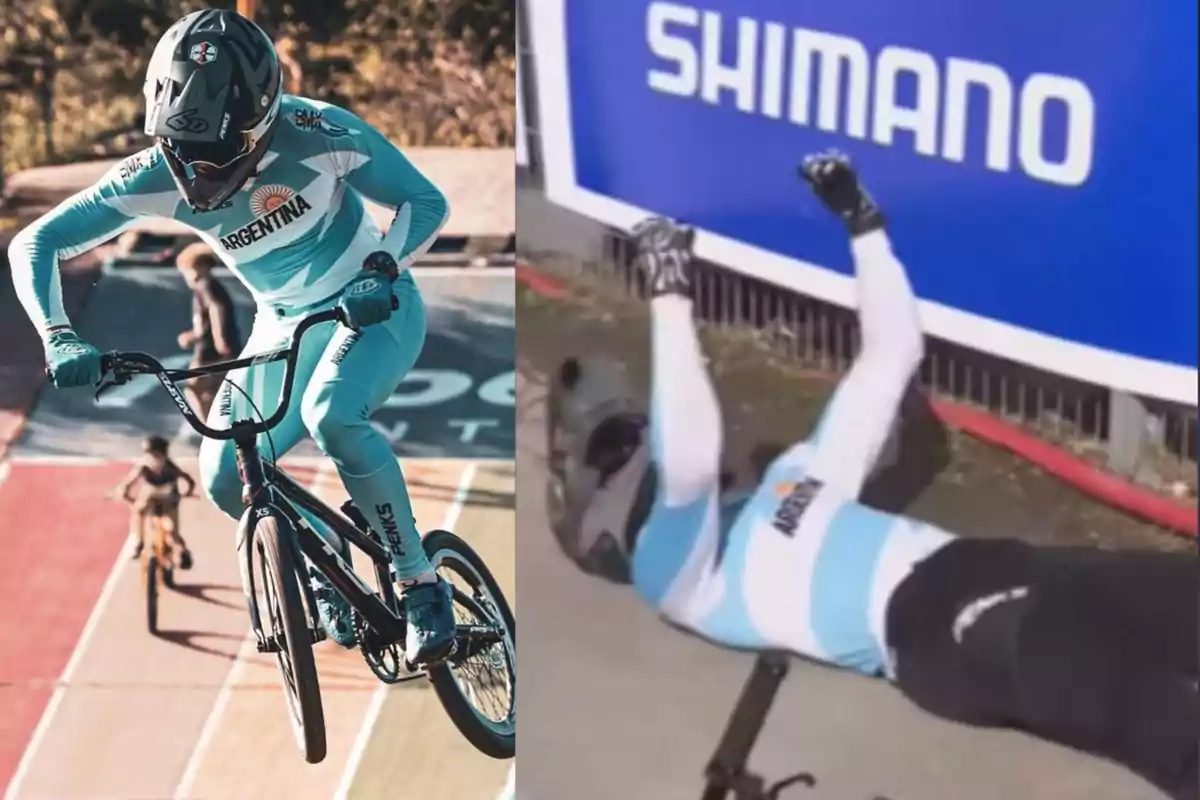 Argentinian BMX rider at two different moments, one jumping on the track and the other fallen on the ground next to an advertising barrier.