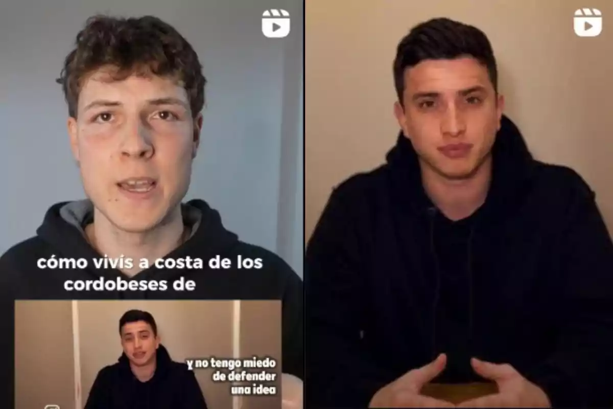 Dos jóvenes con sudaderas oscuras aparecen en videos tipo reels, uno de ellos con texto en pantalla que dice cómo vivís a costa de los cordobeses de y no tengo miedo de defender una idea