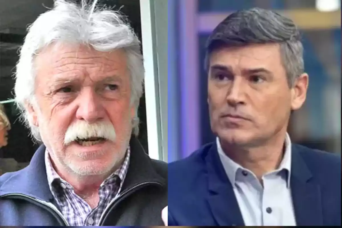 Dos hombres de cabello canoso aparecen uno al lado del otro uno con bigote y ropa casual y el otro con expresión seria y vestido formal